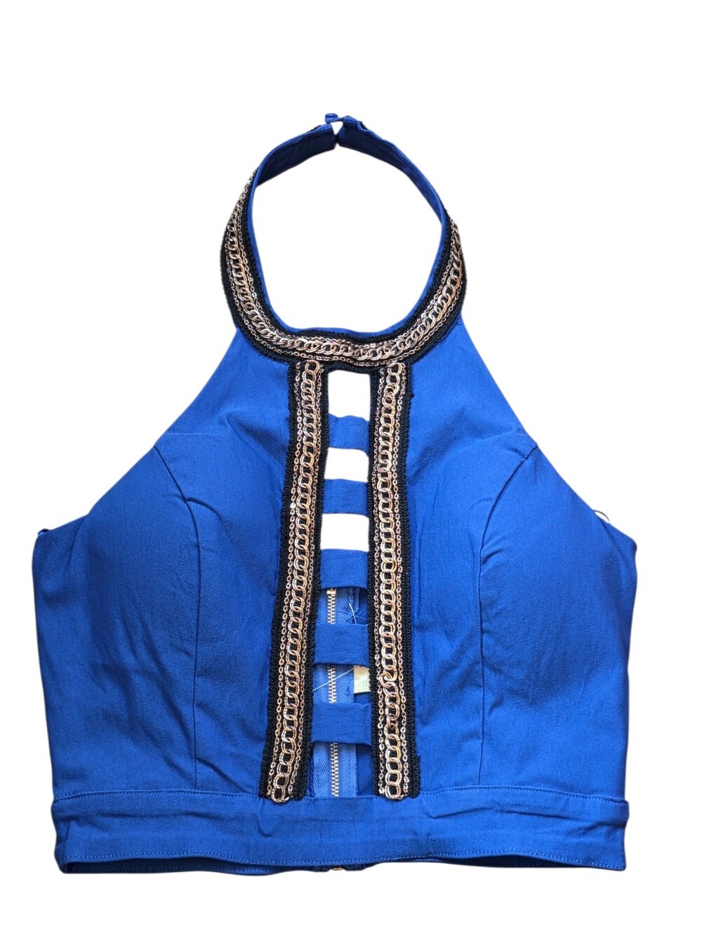 Wild Cat Royal Blue Cage Front Halter Crop Top Black & Gold Tone Chain Detail L